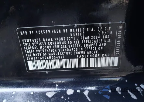 2019 Volkswagen Gti S/Se/Autobahn/Rabbit Edition from USA, damaged, VIN 3VW5T7AU2KM034817